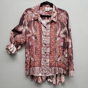 Rod's Shirt Womens XL Brown Paisley Boho Western Button Front Long Sleeve Rayon